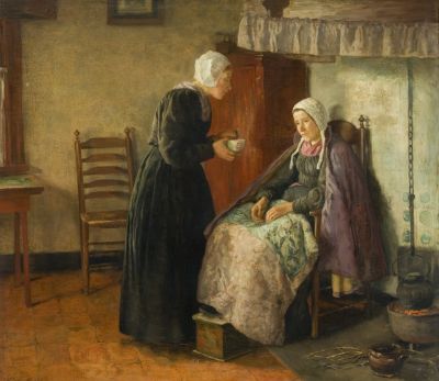 Zieke vrouw (staand: Eefje de Boer-Puyk, zittend: Jaapje Koster, vrouw van Hendrik Wiegers)