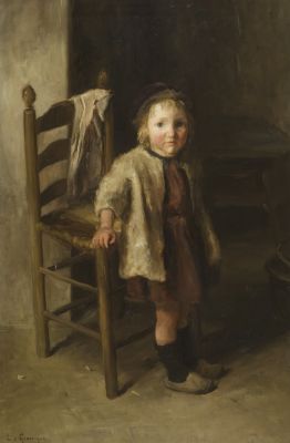 Portret van kindje bij stoel, kind van echtpaar W. Calis-Overhagen