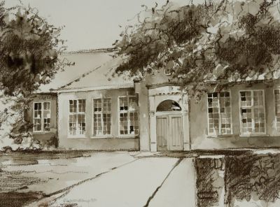 reproductie van tekening van Hans Houtkamp (geb. 1943) met voorstelling van de Openbare School in Laren