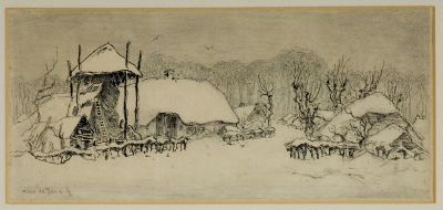 Straatje met boerderij en hooiberg in de sneeuw