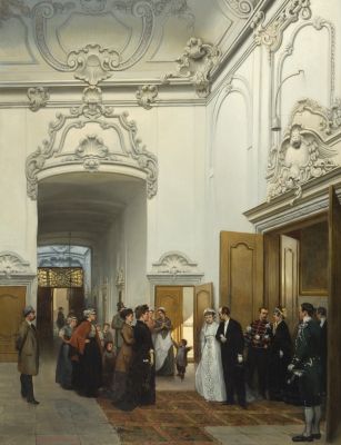 ingelijste reproductie van een trouwpartij in Haagse Stadhuis -naar J.H. van Hove-