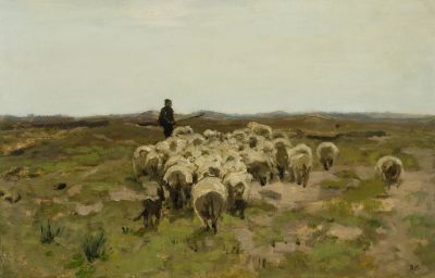 Terugkerende herder met schapen -met monogram AM-
